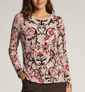 Chico's Size Large Pink Burgundy Baroque Floral Long Sleeve Rayon Stretch Top